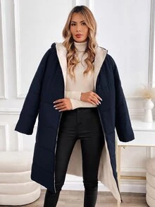 SHEIN Clasi 大尺碼女款純色前拉鍊連帽長版保暖內裡冬季外套 - 藏蓝色 - 查看 3