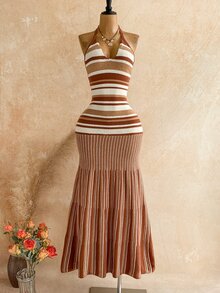 Soleia Women's Vacation Striped Halter Neck Tie Knit Dress With Fishtail Hem - Multicolor - View 7