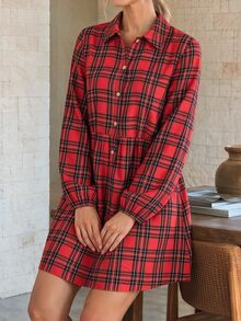 EMERY ROSE 女款韓系街頭風休閒格紋鈕扣長袖洋裝 感恩節早午餐紅色格紋秋冬聖誕外出洋裝 - 紅色 - 查看 1