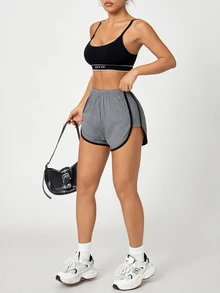 SHEIN Dewbera Women's Colorblock Trim Curved Hem Athletic Fashion Shorts - Light Grey - View 3