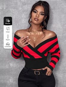 SHEIN SXY 女款拼色條紋圖案長袖重疊設計收腰針織衫 - 紅色 - 查看 5