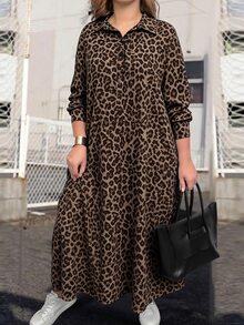 SHEIN LUNE 大尺碼休閒 1920 年代復古寬鬆豹紋領口落肩超長洋裝長裙女裝 正式度假 米色秋季 - 棕色 - 查看 5