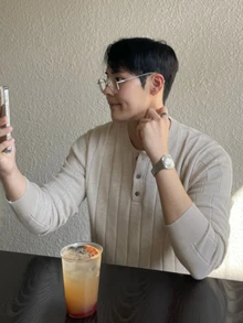 DAZY 男士春秋淺灰色麻灰針織圓領半開鈕扣寬螺紋毛衣 - 淺灰色 - 查看 2