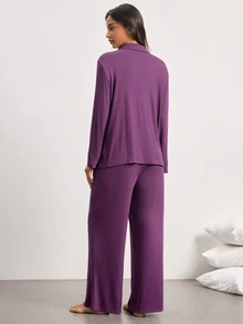 Ocili Women's Button Long Sleeve Top And Comfortable Pants Loungewear Set - 紫丁香色 - 查看 3