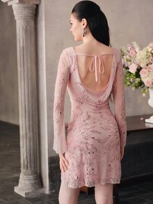 Anewsta Affair [Random Cut]Round Neck Long Sleeve Backless Tie Waist Sequin Elegant Dress - Pink - View 2