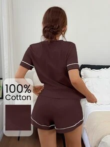 Napfluff 女款針織圓領短袖滾邊短褲睡衣套裝 - 鏽棕色 - 查看 2