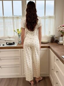 Snug Reverie Romantic Frill Trim Heart Print Side Tie V-Neck Short Sleeve Long Pants Women's Pajama Set - Apricot - View 2