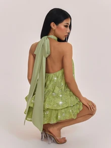 SHEIN PETITE Women's Solid Color Beaded Cold Shoulder Mini Dress - Green - View 2