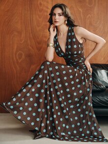 Anewsta European & American Style Polka Dot Print Elastic Mesh Dress, Deep V Neck Halter Sleeveless Ruched Bodycon Dress, Slim Fit Flattering Full Skirt Vacation Dress - Multicolor - View 6