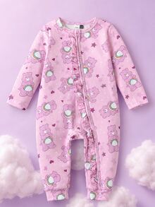 SHEIN X Care Bears 女嬰卡通熊長袖前開拉鍊連身衣 - 粉色 - 查看 6