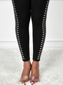 SHEIN Lady Women's Studded Decor Casual Daily Slim Fit Leggings - Black - View 7
