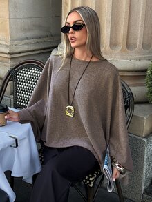 Aloruh Women's Casual Vacation Round Neck Cape Sleeve Asymmetrical Hem Jacket - Camel - View 7