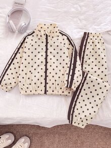 SHEIN Genkimix Kids 女童 4-7歲波點印花立領拉鍊夾克與慢跑褲 2件套，復古運動風春夏秋冬日常上學穿搭 - 杏色 - 查看 7