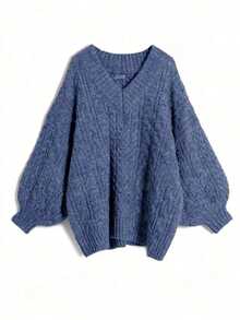 Rustia Plus Size V-Neck Long Sleeve Solid Color Pullover Sweater - Baby Blue - View 1