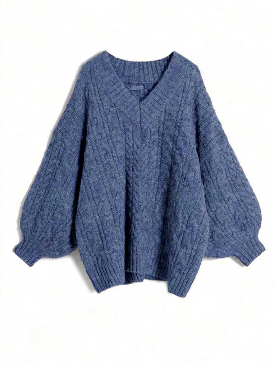 Rustia Plus Size V-Neck Long Sleeve Solid Color Pullover Sweater - Baby Blue - View 1