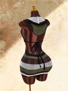 Amplova Striped Hat V-Neck Cutout Women's Mini Crochet Dress - Multicolor - View 1