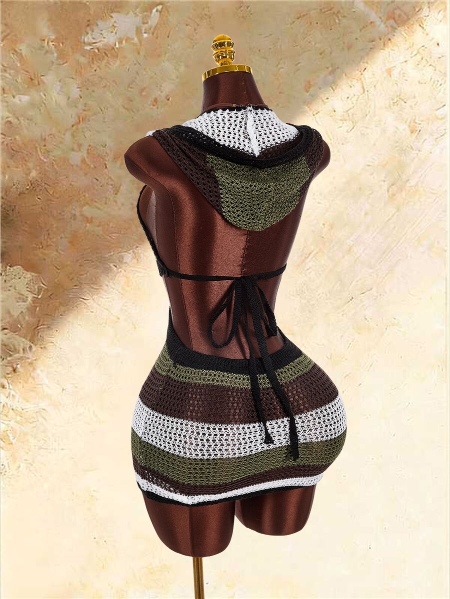 Amplova Striped Hat V-Neck Cutout Women's Mini Crochet Dress - Multicolor - View 1