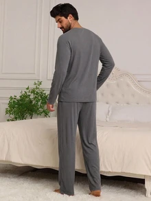 DAZY Men's Long Sleeve Crew Neck Half Button Placket Top And Pants Loungewear Set - Grey - View 2
