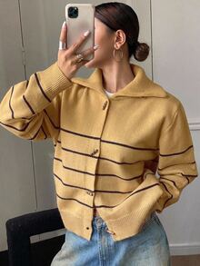 DAZY Contrast Color Striped High Neck Long Sleeve Loose Fit Horn Button Cardigan For Women - Coffee Brown - View 3