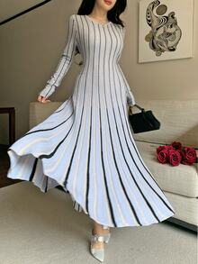 Feyla Women's Round Neck Long Sleeve Cinched Waist Striped Sweater Dress - Multicolor - View 5