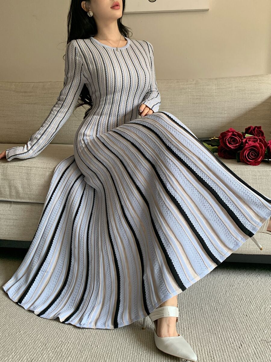 Feyla Women's Round Neck Long Sleeve Cinched Waist Striped Sweater Dress - Multicolor - View 1