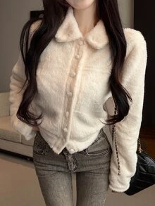 DAZY Jaket Pendek Bulu Imitasi Putih Wanita, Cocok untuk Kencan Kasual, Pesta Jalanan, Musim Gugur/Dingin - Krem - View 4