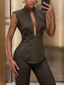 SHEIN SXY Women's V-Neck Asymmetrical Hem Striped Sleeveless Blazer & Pants Set - Coffee Brown - View 7