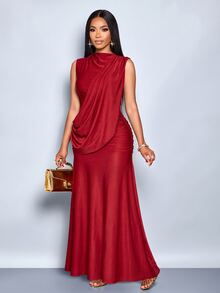 SOLERSUN Women's Autumn/Winter Party Dress, Red Shiny Fabric, High Neck, Sleeveless, Backless, Ribbon Decor, Ruched Hip, Extra Long - Burgundy - View 8