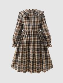 Tween Girl Tween Girls Long Sleeve Plaid Cinched Waist Bow Exaggerated Collar Long Dress Autumn/Winter - Khaki - View 2