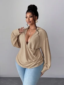 Maweii Plus Size Long Sleeve Fashionable Elegant Commuter Versatile Sweet Blouse - Khaki - View 5