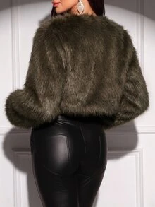 SHEIN Clasi Women's Solid Color Minimalist Long Sleeve Fluffy Coat In Fall/Winter - Army Green - View 2