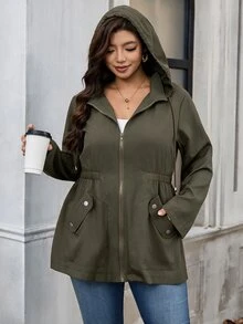 SHEIN Clasi Plus Size Zipper Button Pocket Long Sleeve Hooded Jacket - Army Green - View 4