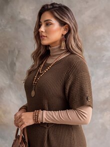 Ceyna Plus Size Women's Fashion Textured Stand Collar Short Sleeve Brown Knit Dress Casual Versatile Commute Autumn/Winter - Brown - View 5