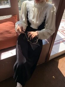 DAZY فستان نسائي من المخمل والدانتيل بتصميم رقعات على الطراز الكوري بطبقات متعددة بطول متوسط، خريف/شتاء - الأسود - مشاهدة 6