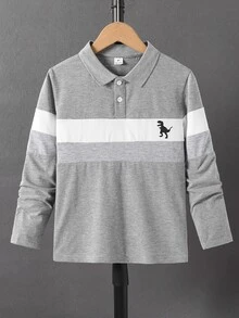 SHEIN Mirajuku 男童拼接長袖 Polo 衫，簡約時尚領口，白色 - 灰色 - 查看 2