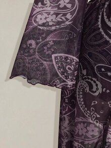 SHEIN ICON 女款大尺碼佩斯利印花前綁帶喇叭袖高低下擺上衣 - 紫色 - 查看 8