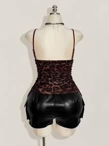 SHEIN ICON 女款大尺碼蕾絲拼接豹紋細肩帶背心上衣 - 摩卡棕 - 查看 2