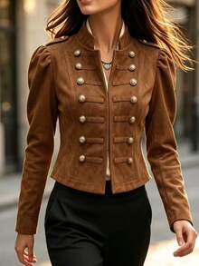 SHEIN Women's High-Quality Vintage Court Style Stand Collar Double-Breasted Gold Button Velvet Short Jacket With Puff Sleeves And Metal Decorative Buttons, Suitable For Commuting, Outings, Dates And Light Business Occasions - Brown - View 3