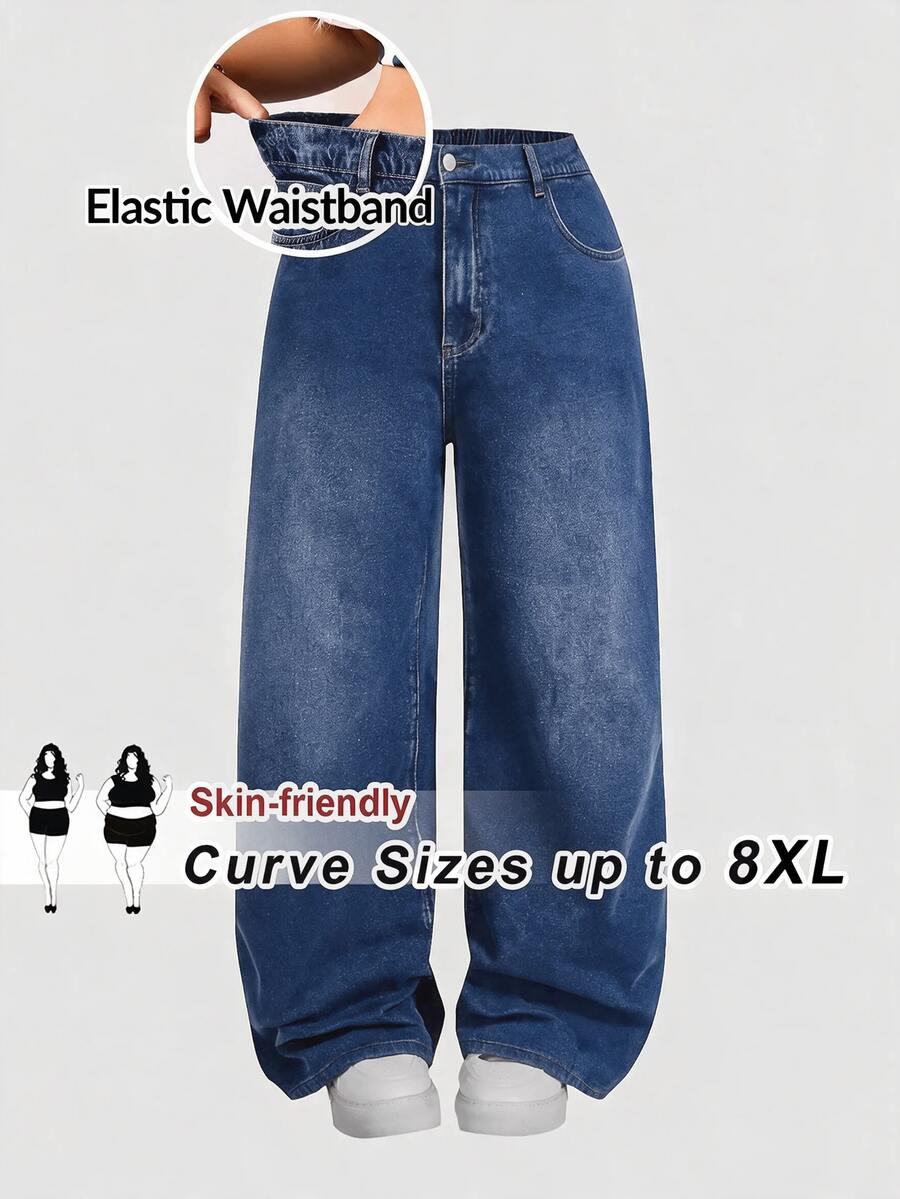 SHEIN CURVE+ 大尺碼女款寬腿寬鬆休閒牛仔褲,附口袋 - 深色水洗藍 - 查看 1