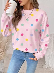 SHEIN LUNE 女款俏皮可愛彩色波點圖案運動衫，優雅休閒時尚，適合秋冬穿著 - 白色 - 查看 4