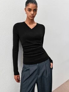 ATUI Studio Women's New Wrap V-Neck Slim Fit Ribbed Knit Long Sleeve Ruched Waist Cropped Wool Sweater, All Seasons - Black - View 4