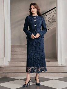 Anewsta Women's Elegant 2 Pieces Set Embroidered Fabric Jacket With Skirt, Autumn New Style - Navy Blue - View 3