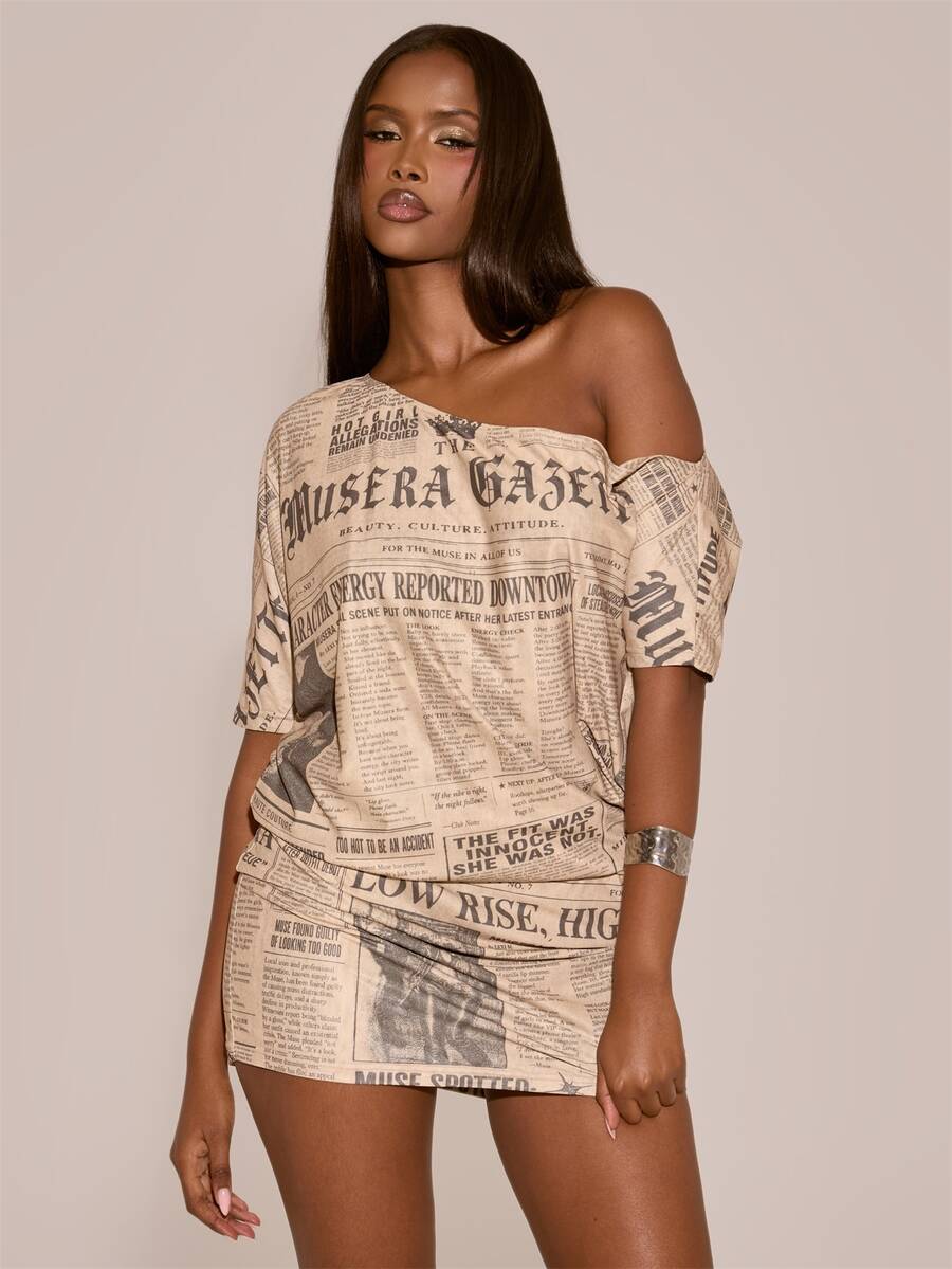 MUSERA Off The Shoulder Newspaper Printed Cinched Waist Mini Dress Sexy Evening Night Going Out Fall Winter Autumn Solitude - Khaki - View 1