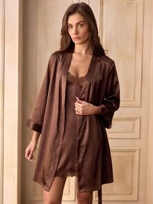 Charlaine 2pcs/Set Brown Lace Faux Silk Women's Pajama Set - Brown - View 3
