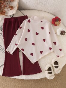 SHEIN 女童 2 件組 秋冬甜美愛心印花羅紋小立領不對稱下擺上衣＋喇叭褲休閒套裝，秋季母女搭配嬰兒套裝 - 紅色 - 查看 2