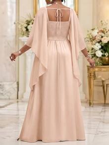 SHEIN CURVE+ Plus Size Women Solid Color Square Neck Lace Applique Patchwork Waist-Cinching Slimming Cape Sleeve Dress Fall - Pink - View 2