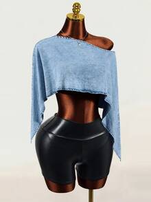 Mistrie Women's Denim Asymmetrical Shoulder Flowy Casual Versatile Denim Jacket - Blue - View 7