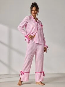 EverLounge Women's Pink & White Vertical Striped Bowknot Long Sleeve Single-Breasted Top And Elastic Waist Long Pants Pajama Set - Pink - View 5