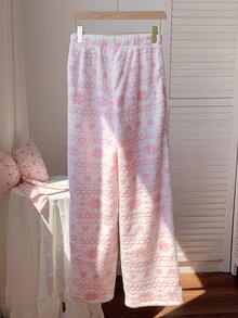 Comfortcana Women's Fluffy Snowflake & Geometric Pattern Long Pants, Comfortable For Home Wear - Pink - View 2