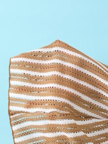 SHEIN Swim 針織條紋提花布料掛脖綁帶金屬吊墜比基尼套裝，附外罩衫與迷你裙 3 件組 - 彩色 - 查看 8
